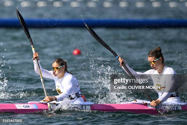 Germany's Lena Roehlings and Germany's Pauline Jagsch compete in the women's kayak double 500m semifinal of the canoe sprint competition at...