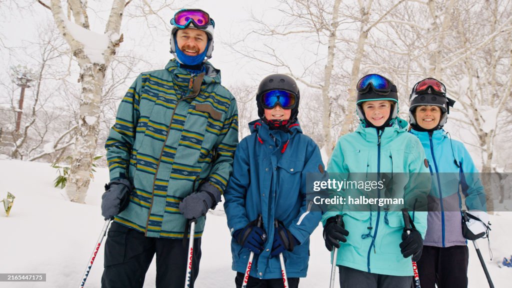 Portrait of a Happy Family at a Ski Resort in Niseko, Japan in the Winter