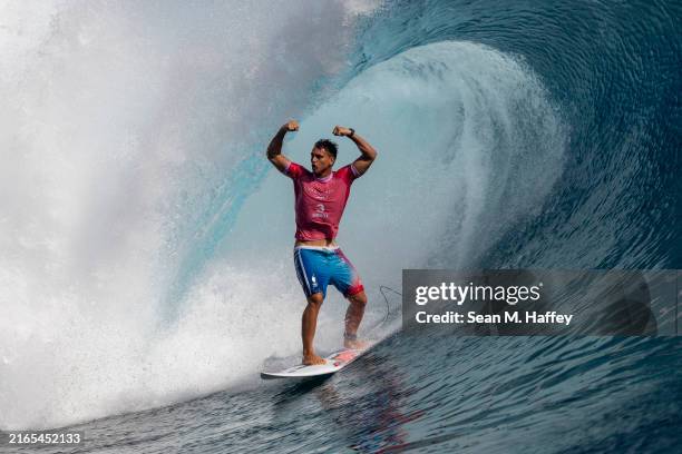 Kauli Vaast of Team France reacts as he exits a wave during the men's gold medal match of surfing on day nine of the Olympic Games Paris 2024 on...