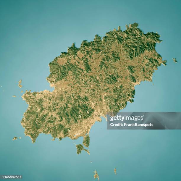 ibiza island satellite topographic map 3d render true color - ibiza town stock pictures, royalty-free photos & images