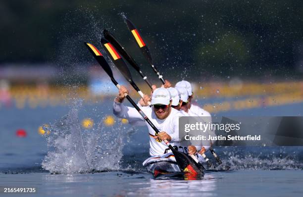 Max Rendschmidt of Team Germany and his teammates compete during the Men's Kayak Four 500m Heats on day eleven of the Olympic Games Paris 2024 at...