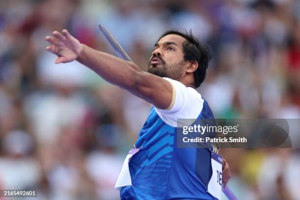 Kishore Jena of Team India during the Men's Javelin Throw Qualification on day eleven of the Olympic Games Paris 2024 at Stade de France on August...