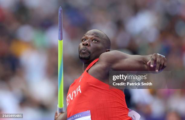 Julius Yego of Team Kenya competes during the Men's Javelin Throw Qualification on day eleven of the Olympic Games Paris 2024 at Stade de France on...