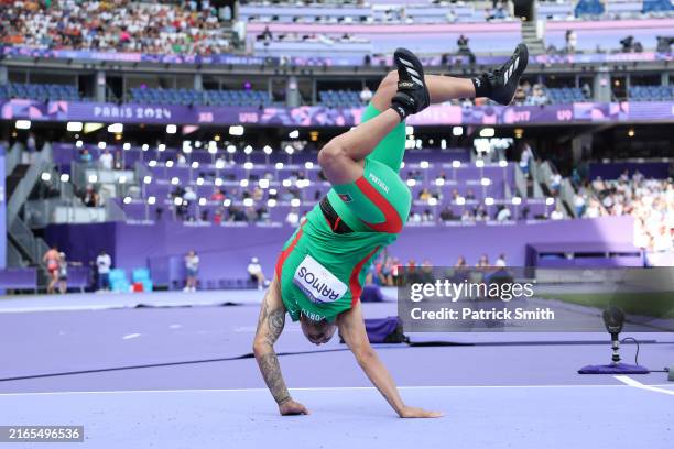 Leandro Ramos of Team Portugal celebrates during the Men's Javelin Throw Qualification on day eleven of the Olympic Games Paris 2024 at Stade de...