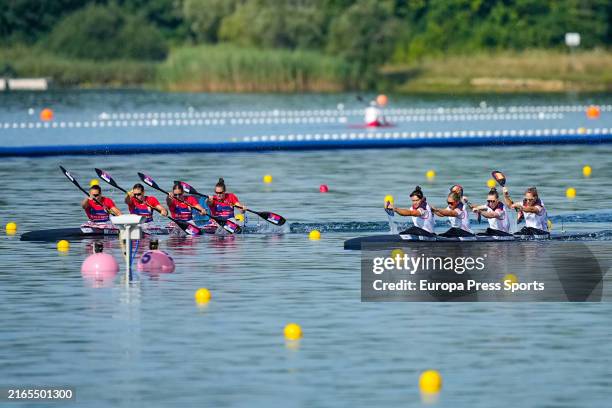 Sara Ouzande, Estefania Fernandez, Carolina Garcia Otero and Teresa Portela of Spain and Anastazija Bajuk, Milica Novakovic, Marija Dostanic and...