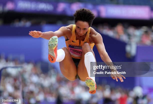 Malaika Mihambo of Team Germany competes during the Women's Long Jump Qualification on day eleven of the Olympic Games Paris 2024 at Stade de France...