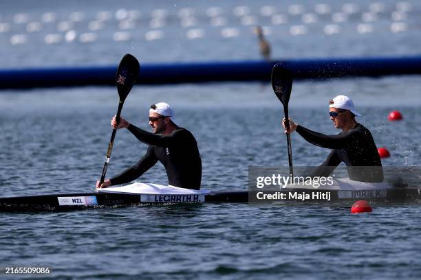 Hamish Legarth and Kurtis Imrie of Team New Zealand compete during the Men's Canoe Double 500m Heats on day eleven of the Olympic Games Paris 2024 at...