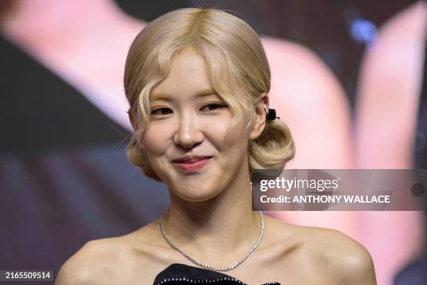 Rosé of K-pop girl group BLACKPINK smiles during an event to promote her film 'Born Pink', marking the group's eighth anniversary, in Seoul on August...