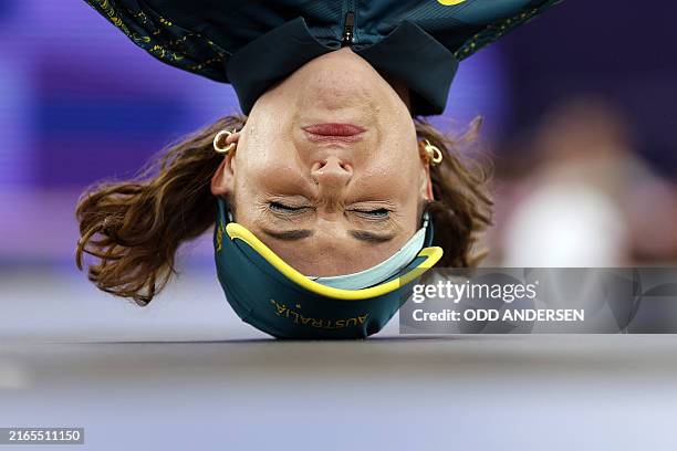 Australia's Rachael Gunn, known as Raygun competes in the Women's Breaking dance Round robin of the Paris 2024 Olympic Games at La Concorde in Paris,...