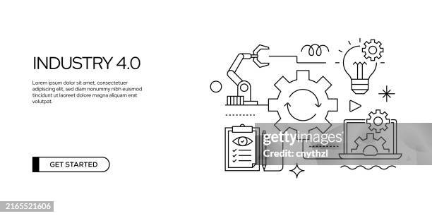 illustrazioni stock, clip art, cartoni animati e icone di tendenza di progettazione di banner di linea correlati all'industria 4.0. automazione, internet, connessione, database, machine learning, produzione. - digital transformation