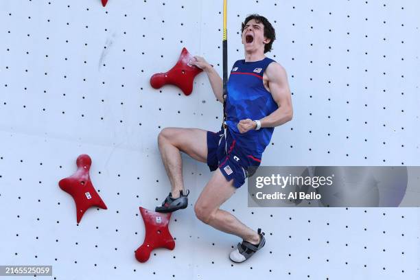 Sam Watson of Team United States celebrates after setting a new world record of 4.75 seconds during the Men's Speed, Qualification Seeding on day...