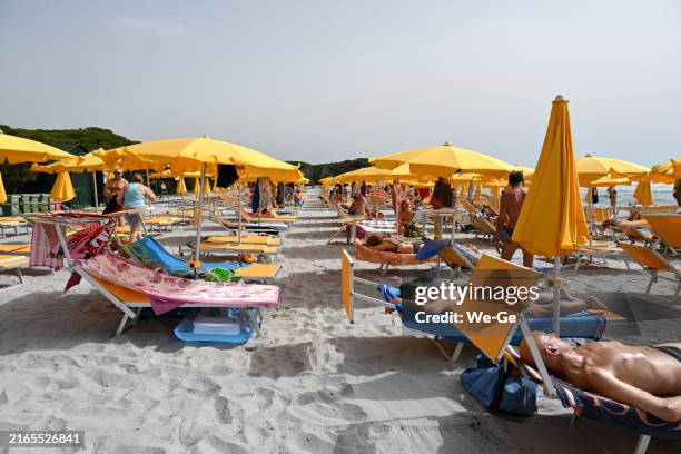 touristen genießen das sommerliche wetter am strand cala ginepro an der ostküste sardiniens am nördlichen ende des golfo di orosei auf sardinien. - wetterfester stuhl stock-fotos und bilder