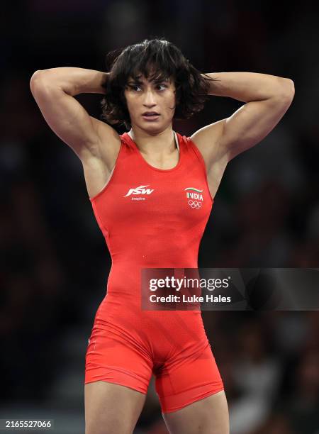 Vinesh Vinesh of Team India reacts during the Women's Freestyle 50kg 1/4 Final match between Vinesh Vinesh of Team India and Oksana Livach of Team...