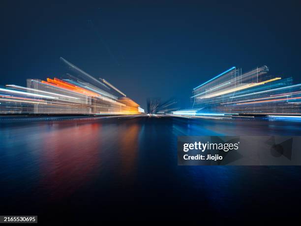 divergent beam of city at night - horizon stockfoto's en -beelden