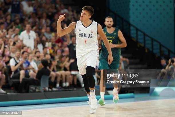 Bogdan Bogdanovic of Team Serbia reacts during the Men's Quarterfinal match between Team Australia and Team Serbia on day eleven of the Olympic Games...