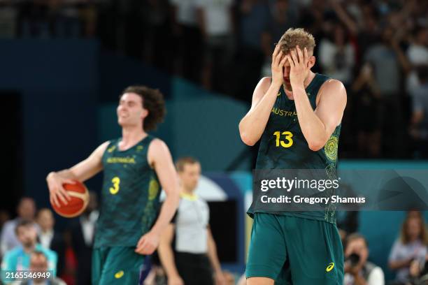 Jock Landale of Team Australia reacts during the Men's Quarterfinal match between Team Australia and Team Serbia during a Men's basketball...