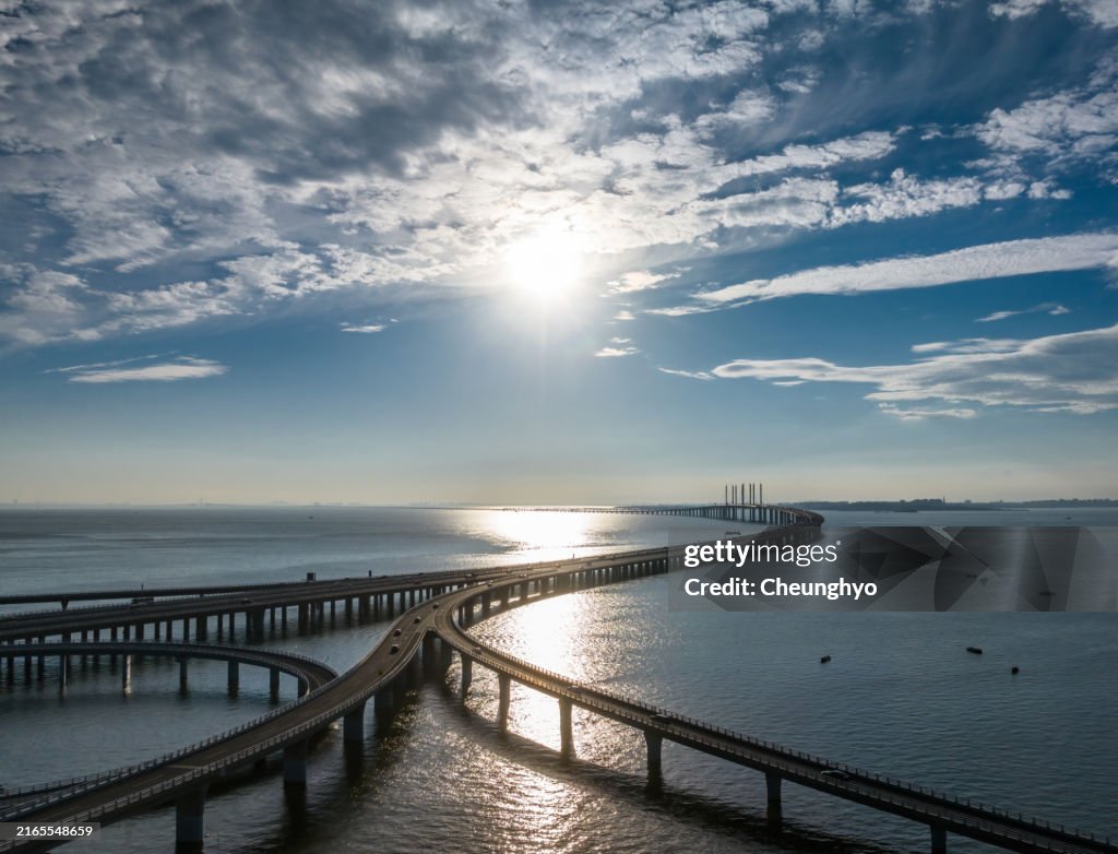 Drone Point View: Jiaozhou Bay Bridge of Qingdao, Shandong Province, China