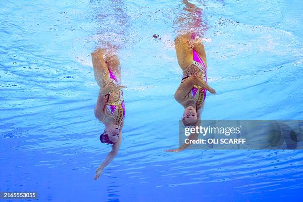 An underwater view shows Britain's Isabelle Thorpe and Britain's Kate Shortman competing in the duet technical routine of the artistic swimming event...