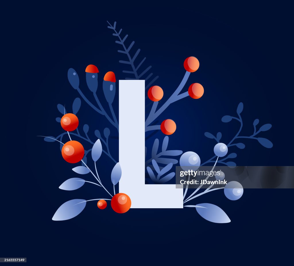 Merry Christmas typography letter L decorative design in dark blue with hand drawn branches and florals