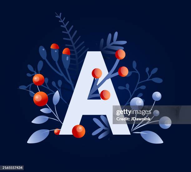 ilustraciones, imágenes clip art, dibujos animados e iconos de stock de letra tipográfica feliz navidad un diseño decorativo en azul oscuro con ramas y flores dibujadas a mano - letra a con flores vector a
