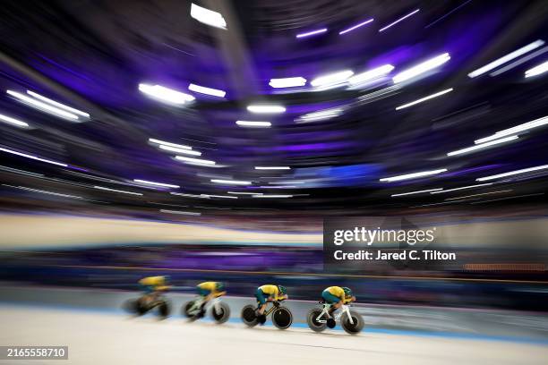 Georgia Baker, Sophie Edwards, Chloe Moran and Maeve Plouffe of Team Australia compete during the Women's Team Pursuit Qualifying on day eleven of...