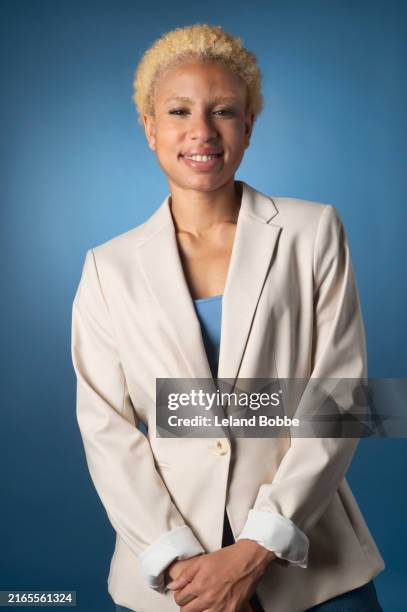 studio portrait of young adult african american woman - white jacket stock pictures, royalty-free photos & images