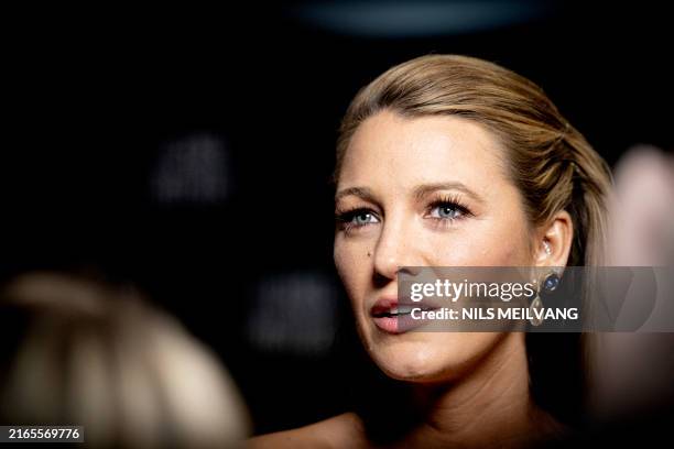 Actress Blake Lively looks on during the premiere of the movie "It ends with us" in Copenhagen on August 9, 2024. / Denmark OUT