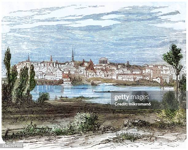 old engraved illustration of richmond, the capital city of the commonwealth of virginia in the united states - 16th century style stock pictures, royalty-free photos & images