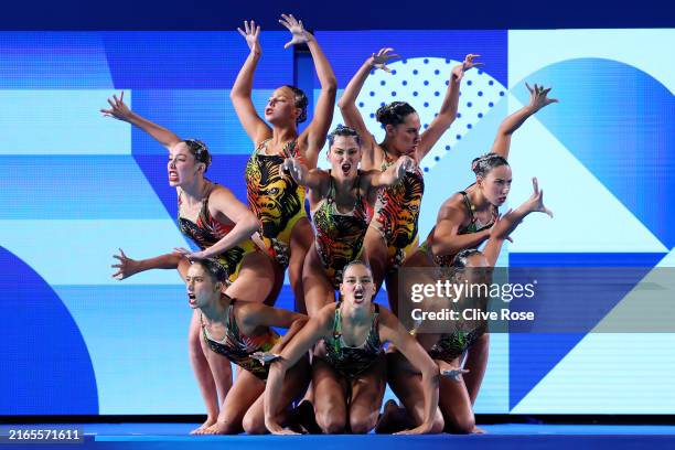 Members of Team Egypt compete in the Team Free Routine on day eleven of the Olympic Games Paris 2024 at Aquatics Centre on August 06, 2024 in Paris,...