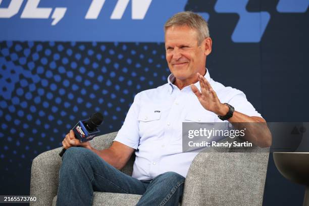 Governor of Tennessee Bill Lee waves to the crowd during the MLB Speedway Classic at Bristol Announcement at Bristol Motor Speedway on Friday, August...