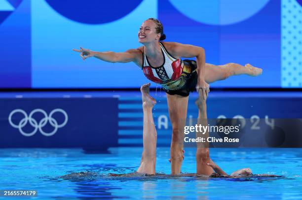 Members of Team Canada compete in the Team Free Routine on day eleven of the Olympic Games Paris 2024 at Aquatics Centre on August 06, 2024 in Paris,...