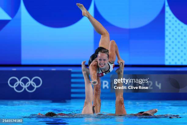 Members of Team Canada compete in the Team Free Routine on day eleven of the Olympic Games Paris 2024 at Aquatics Centre on August 06, 2024 in Paris,...