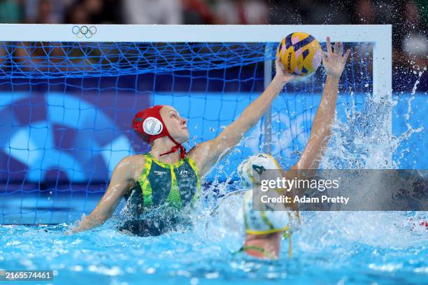 Gabriella Palm of Team Australia attempts to save a goal in the Women's Quarterfinal match between Team Australia and Team Greece on day eleven of...