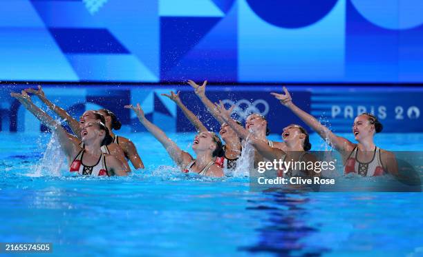 Members of Team Canada compete in the Team Free Routine on day eleven of the Olympic Games Paris 2024 at Aquatics Centre on August 06, 2024 in Paris,...