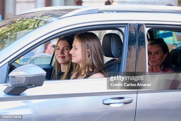 Princess Sofia of Spain, Crown Princess Leonor of Spain and Queen Letizia of Spain are seen visiting the Plaza Mayor and the center of Palma de...