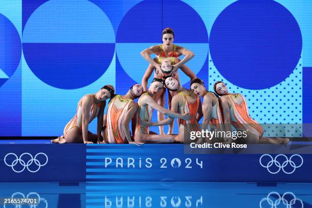 Members of Team France compete in the Team Free Routine on day eleven of the Olympic Games Paris 2024 at Aquatics Centre on August 06, 2024 in Paris,...
