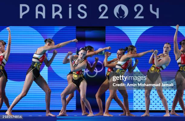 Members of team Canada compete during the Artistic Swimming in the team Free Routine on day eleven of the Olympic Games Paris 2024 at Aquatics Centre...