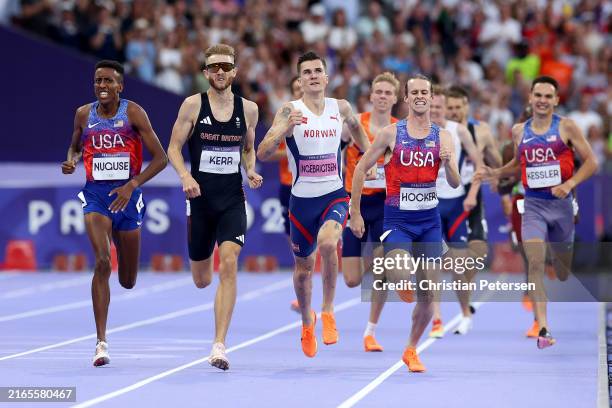 Bronze medalist Yared Nuguse of Team United States , silver medalist Josh Kerr of Team Great Britain, Jakob Ingebrigtsen of Team Norway and gold...