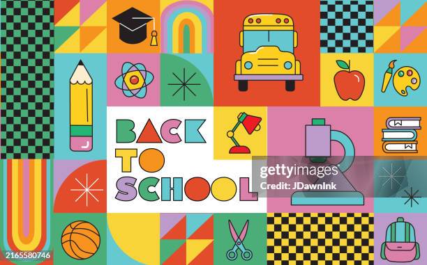 ilustraciones, imágenes clip art, dibujos animados e iconos de stock de diseño de plantilla de mosaico geométrico de volante de cartel de venta de regreso a la escuela con diseño de texto e íconos de educación - back to school