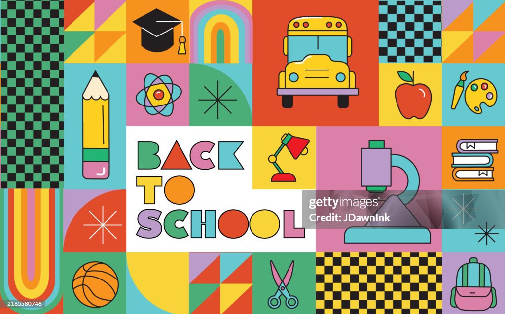 Back to school sale poster flyer geometric mosaic template design with text layout and education icons