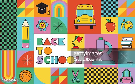 Back to school sale poster flyer geometric mosaic template design with text layout and education icons Back to school sale poster flyer geometric mosaic template design with text layout and education icons