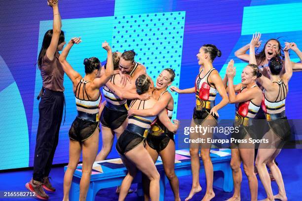 Team of Canada react during Team Free Routine of the Artistic Swimming on Aquatics Centre during the Paris 2024 Olympics Games on August 6, 2024 in...