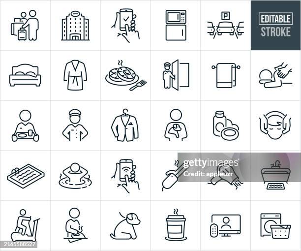 illustrazioni stock, clip art, cartoni animati e icone di tendenza di icone della linea sottile dell'hotel - tratto modificabile - ospite