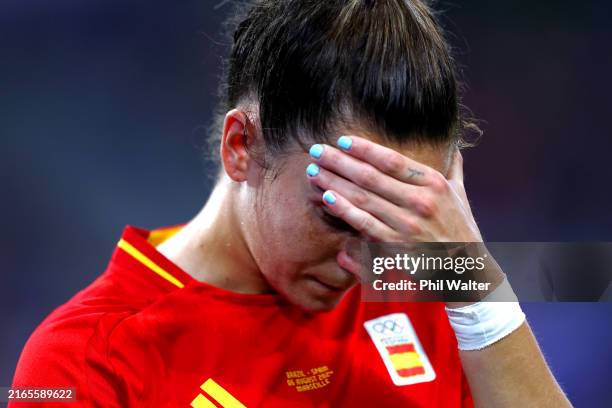 Teresa Abelleira of Team Spain reacts during the Women's semifinal match between Brazil and Spain during the Olympic Games Paris 2024 at Stade de...