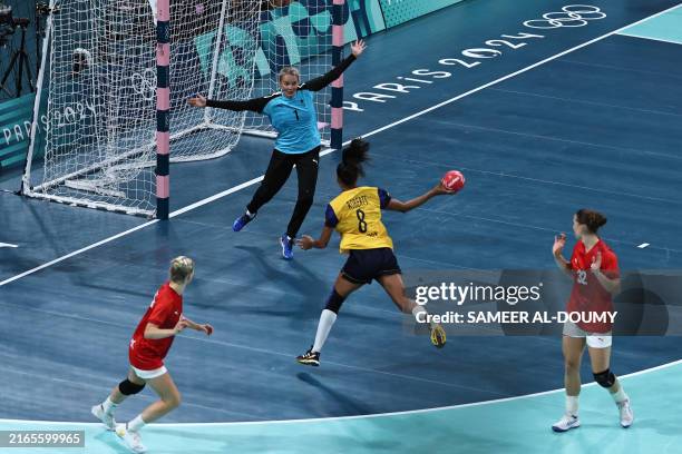 Sweden's left back Jamina Roberts shoots at Denmark's goalkeeper Sandra Toft during the women's Bronze Medal handball match between Denmark vs Sweden...