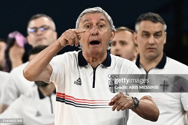 Serbia's coach Svetislav Pesic gives instructions in the men's Bronze Medal basketball match between Germany and Serbia during the Paris 2024 Olympic...