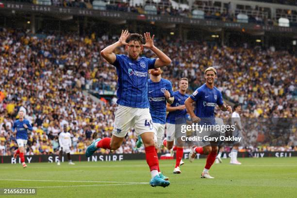 Callum Lang of Portsmouth celebrates scoring his teams second goal of the game during the Sky Bet Championship match between Leeds United FC and...