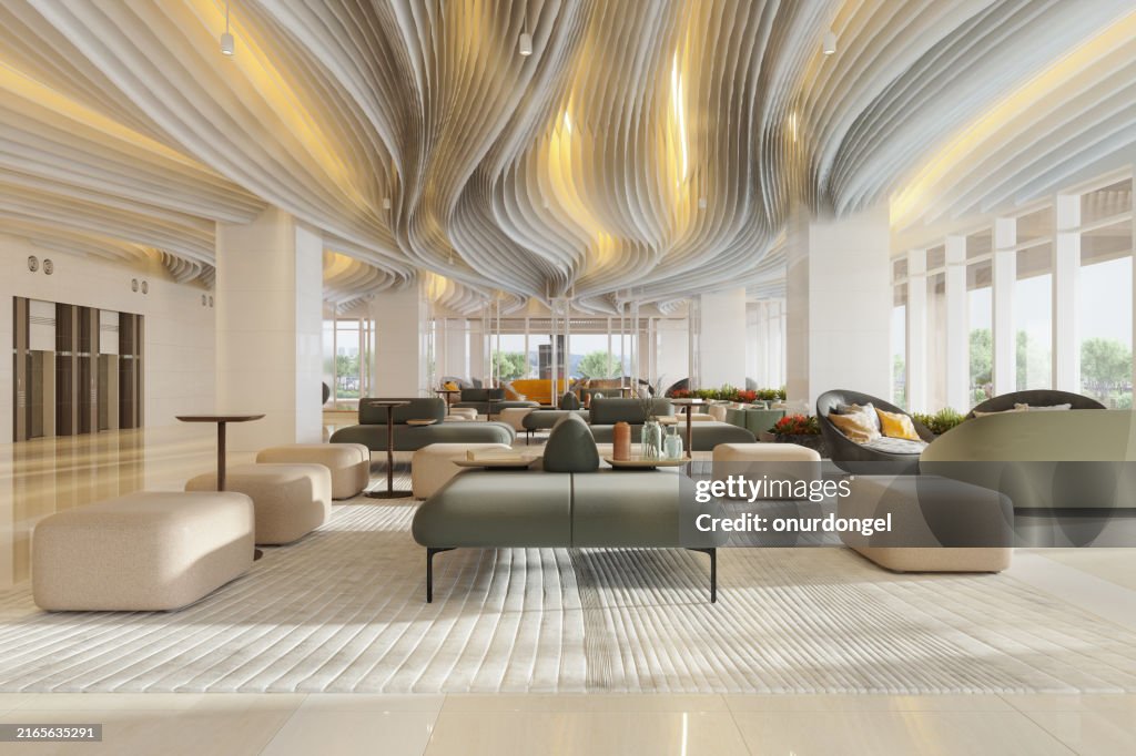 Luxuriöser Hotel-Wartebereich mit Sesseln, Aufzügen und Pflanzen