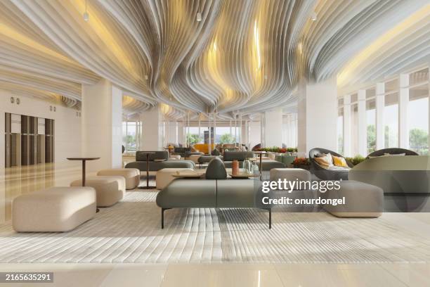 luxury hotel waiting area with armchairs, elevators and plants - lobby bildbanksfoton och bilder