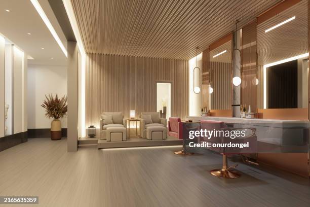parrucchiere moderno e salone di bellezza interno con apparecchiature di illuminazione, sedie rosa e specchi - centro estetico foto e immagini stock